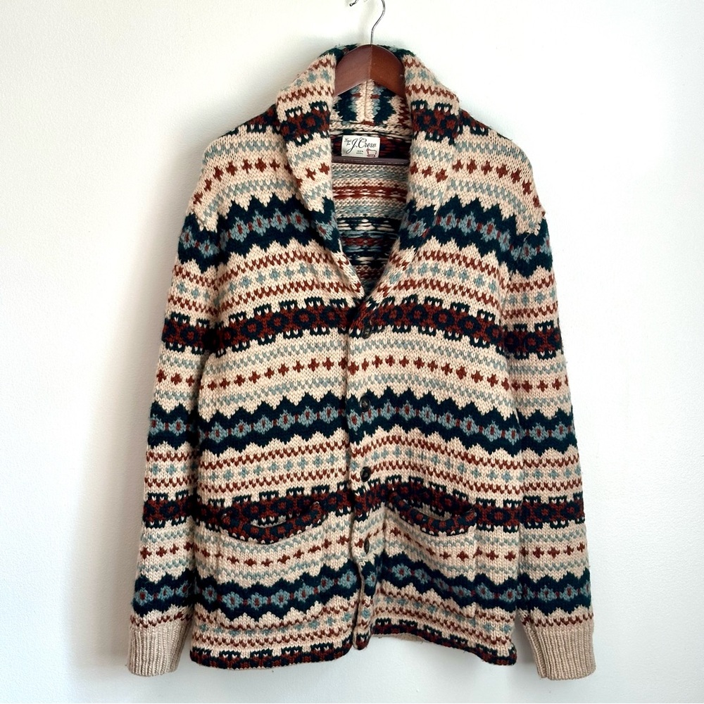 J. Crew Fair Isle Shawl Cardigan in Wool Blend - Medium - Island Sand Fairisle